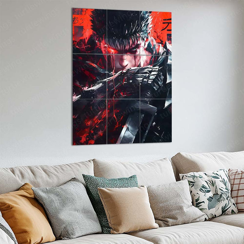 Anime Metal Poster Set of 9 | Guts Berserk | Berserk Anime & Manga Wall Art | Black Swordsman Red & Black 9 Panel Metal Print
