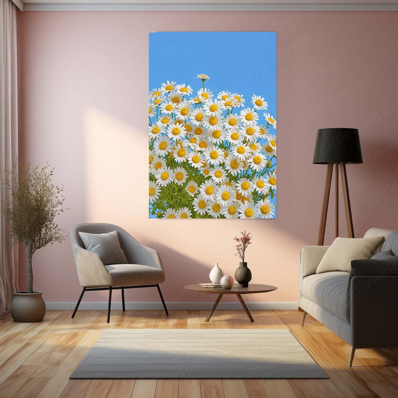 Nature Metal Poster | Blooming Daisies Under Clear Blue Sky – Nature Metal Poster | Floral Wall Frame