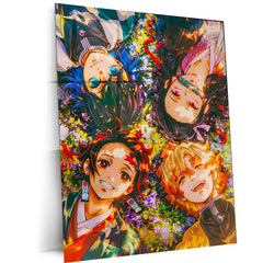 Anime Metal Poster | Blossom Bond – Demon Slayer Quartet in Spring Light Metal Poster | Tanjiro, Nezuko, Zenitsu & Inosuke Wall Frame