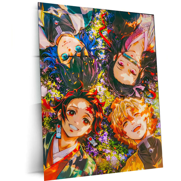 Anime Metal Poster | Blossom Bond – Demon Slayer Quartet in Spring Light Metal Poster | Tanjiro, Nezuko, Zenitsu & Inosuke Wall Frame