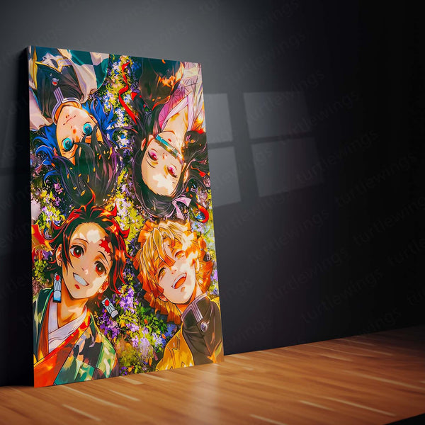 Anime Metal Poster | Blossom Bond – Demon Slayer Quartet in Spring Light Metal Poster | Tanjiro, Nezuko, Zenitsu & Inosuke Wall Frame