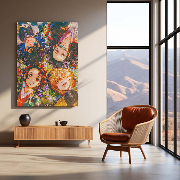 Anime Metal Poster | Blossom Bond – Demon Slayer Quartet in Spring Light Metal Poster | Tanjiro, Nezuko, Zenitsu & Inosuke Wall Frame