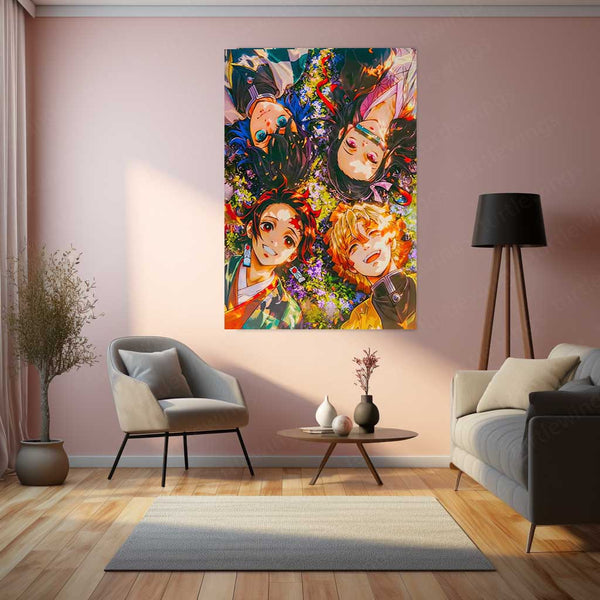 Anime Metal Poster | Blossom Bond – Demon Slayer Quartet in Spring Light Metal Poster | Tanjiro, Nezuko, Zenitsu & Inosuke Wall Frame
