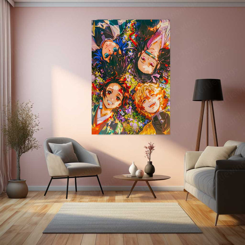 Anime Metal Poster | Blossom Bond – Demon Slayer Quartet in Spring Light Metal Poster | Tanjiro, Nezuko, Zenitsu & Inosuke Wall Frame