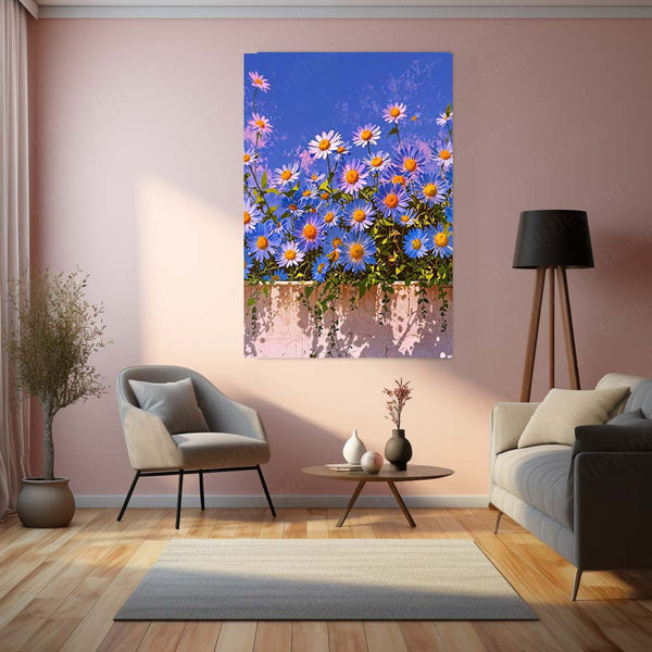 Nature Metal Poster | Blue Daisy Sky – Floral Nature Metal Poster | Elegant Flower Wall Frame