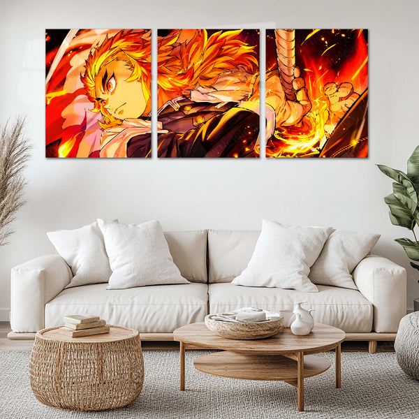 Anime Metal Poster Set of 3 | Kyojuro Rengoku Flame Hashira Fiery Sword Triptych Wall Art – main product image