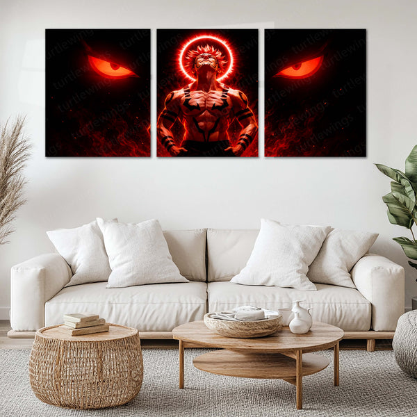 Anime Metal Poster Set of 3 | Jujutsu Kaisen | Ryomen Sukuna Crimson Aura & Cursed Eyes Triptych Wall Art – main product