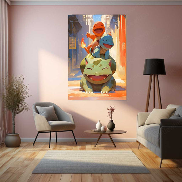 Bulbasaur, Charmander & Squirtle – Joyful Companionship Metal Poster | Pokémon Starter Trio Wall Frame
