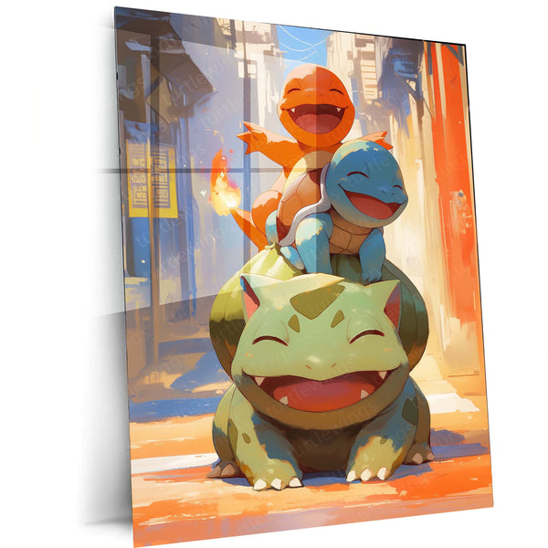 Bulbasaur, Charmander & Squirtle – Joyful Companionship Metal Poster | Pokémon Starter Trio Wall Frame