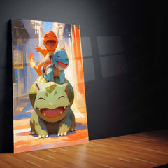 Bulbasaur, Charmander & Squirtle – Joyful Companionship Metal Poster | Pokémon Starter Trio Wall Frame