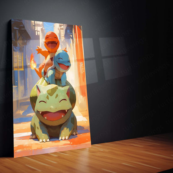 Bulbasaur, Charmander & Squirtle – Joyful Companionship Metal Poster | Pokémon Starter Trio Wall Frame