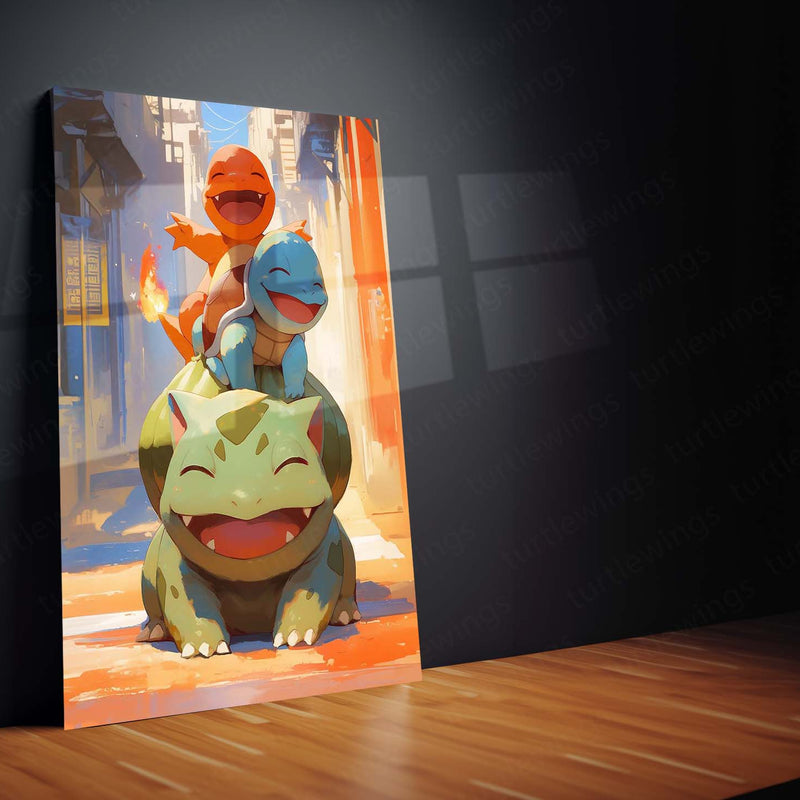 Bulbasaur, Charmander & Squirtle – Joyful Companionship Metal Poster | Pokémon Starter Trio Wall Frame