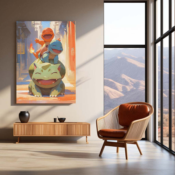 Bulbasaur, Charmander & Squirtle – Joyful Companionship Metal Poster | Pokémon Starter Trio Wall Frame