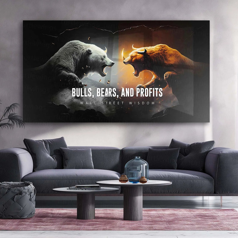 Stock Market Metal Frame | Bull vs Bear – Bulls, Bears & Profits | Wall Street Wisdom Metal Frame - TURTLEWINGS 