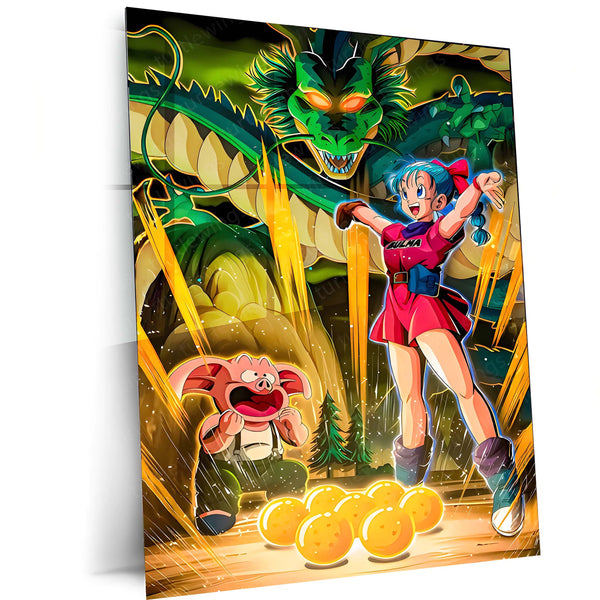 Anime Metal Poster | Bulma Collecting Dragon Ball – Capsule Corp Explorer | Classic Anime Metal Frame Poster