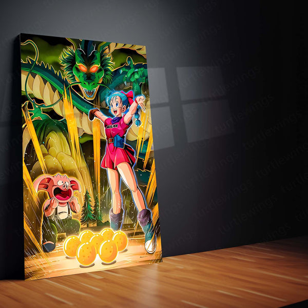 Anime Metal Poster | Bulma Collecting Dragon Ball – Capsule Corp Explorer | Classic Anime Metal Frame Poster