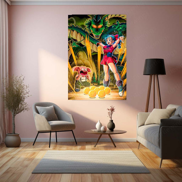 Anime Metal Poster | Bulma Collecting Dragon Ball – Capsule Corp Explorer | Classic Anime Metal Frame Poster