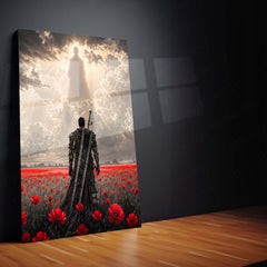 Dark Fantasy Metal Poster Set of 3 | Lone Black Swordsman Red Poppy Field & Heavenly Light Triptych Wall Art – product image