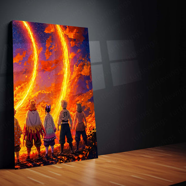 Anime Metal Poster Set of 3 | Hashira & Demon Slayer Corps Fiery Sunset Triptych Wall Art