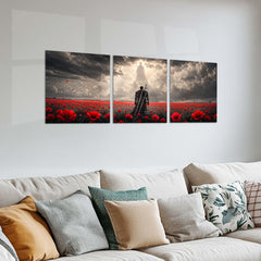 Dark Fantasy Metal Poster Set of 3 | Lone Black Swordsman Red Poppy Field & Heavenly Light Triptych Wall Art – product image