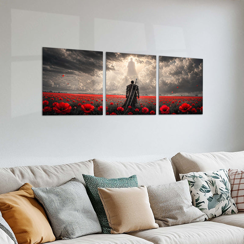 Dark Fantasy Metal Poster Set of 3 | Lone Black Swordsman Red Poppy Field & Heavenly Light Triptych Wall Art – product image