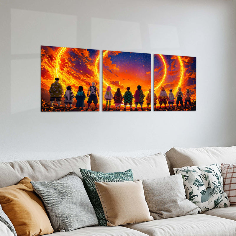 Anime Metal Poster Set of 3 | Hashira & Demon Slayer Corps Fiery Sunset Triptych Wall Art