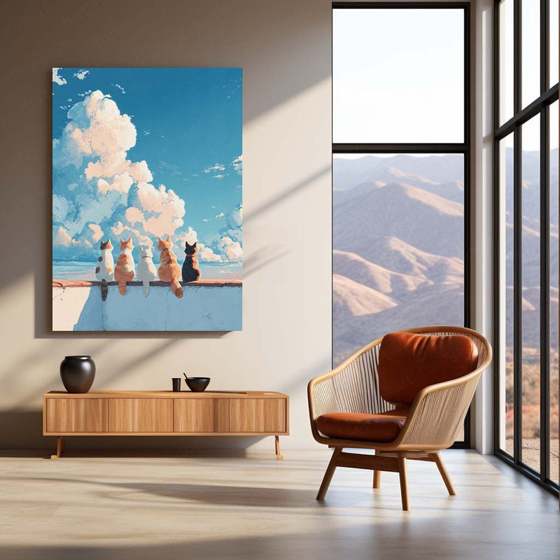 Cats Beneath the Sky – A Peaceful Rooftop View Metal Poster | Cozy Night Wall Frame
