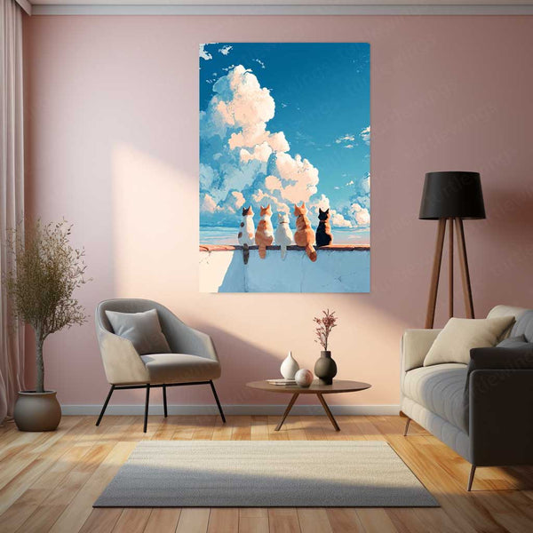 Cats Beneath the Sky – A Peaceful Rooftop View Metal Poster | Cozy Night Wall Frame