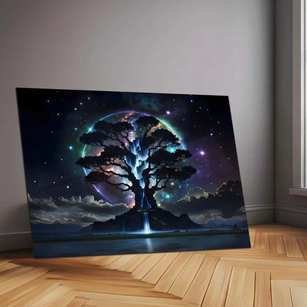 Celestial Tree of Dreams – Cosmic Universe Waterfall Artwork | Premium Metal Poster - TURTLEWINGS 