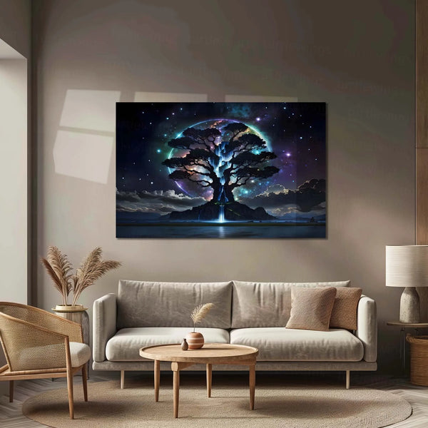Celestial Tree of Dreams – Cosmic Universe Waterfall Artwork | Premium Metal Poster - TURTLEWINGS 