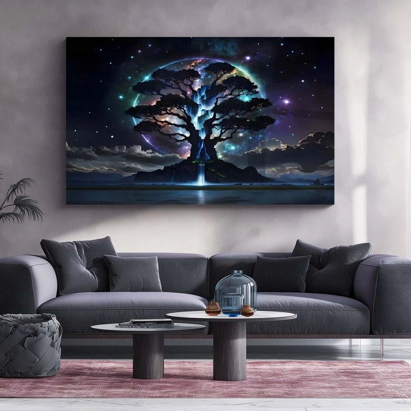 Celestial Tree of Dreams – Cosmic Universe Waterfall Artwork | Premium Metal Poster - TURTLEWINGS 