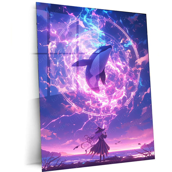 Anime Metal Poster | Summoner of the Celestial Orca – Fantasy Anime Metal Poster | Cosmic Whale Wall Frame Art