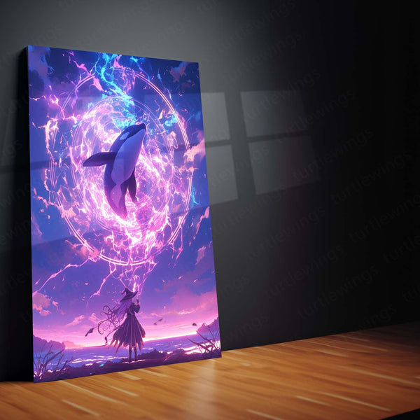 Anime Metal Poster | Summoner of the Celestial Orca – Fantasy Anime Metal Poster | Cosmic Whale Wall Frame Art