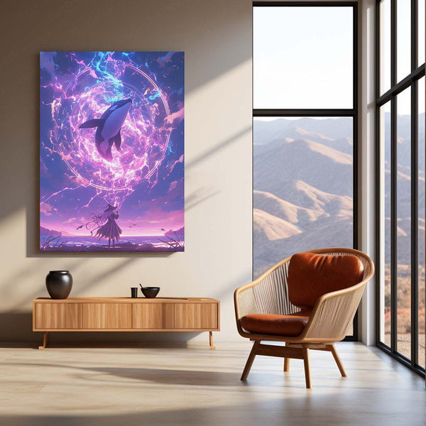 Anime Metal Poster | Summoner of the Celestial Orca – Fantasy Anime Metal Poster | Cosmic Whale Wall Frame Art