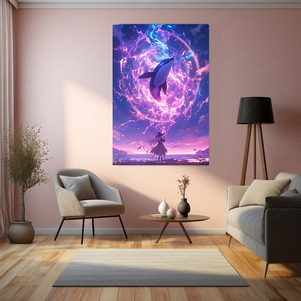 Anime Metal Poster | Summoner of the Celestial Orca – Fantasy Anime Metal Poster | Cosmic Whale Wall Frame Art