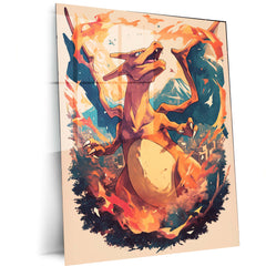 Charizard with Flames – Epic Pokémon Cityscape Metal Frame | Fiery Urban Portrait Wall Art | Anime Gaming Decor