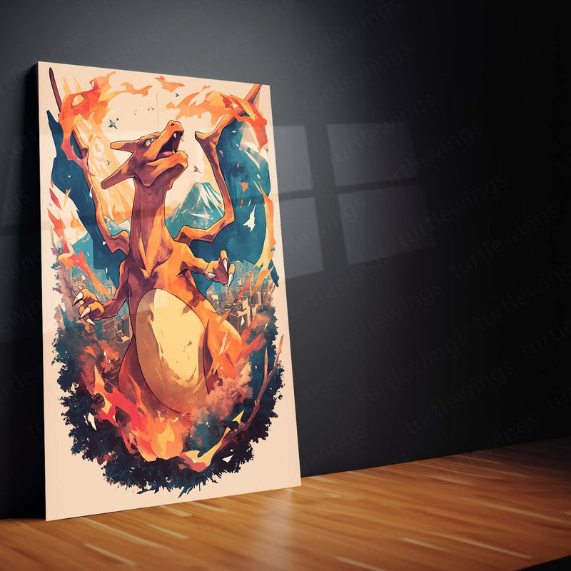 Charizard with Flames – Epic Pokémon Cityscape Metal Frame | Fiery Urban Portrait Wall Art | Anime Gaming Decor