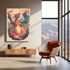 Charizard with Flames – Epic Pokémon Cityscape Metal Frame | Fiery Urban Portrait Wall Art | Anime Gaming Decor