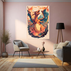 Charizard with Flames – Epic Pokémon Cityscape Metal Frame | Fiery Urban Portrait Wall Art | Anime Gaming Decor
