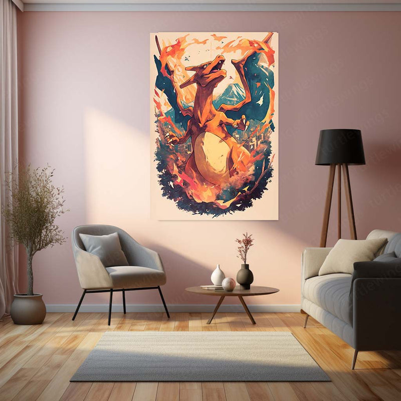 Charizard with Flames – Epic Pokémon Cityscape Metal Frame | Fiery Urban Portrait Wall Art | Anime Gaming Decor