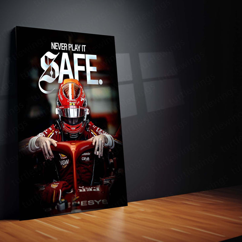 Quote Metal Poster | Charles Leclerc “Never Play It Safe” Metal Print | Ferrari Formula Racing Wall Art | Motivational Motorsport Poster