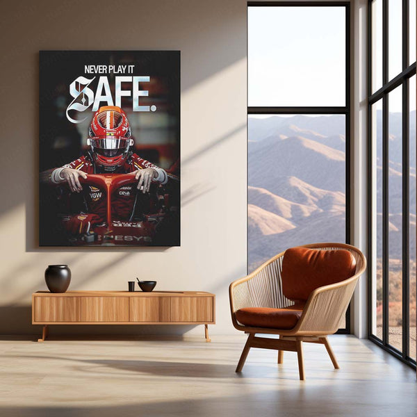 Quote Metal Poster | Charles Leclerc “Never Play It Safe” Metal Print | Ferrari Formula Racing Wall Art | Motivational Motorsport Poster