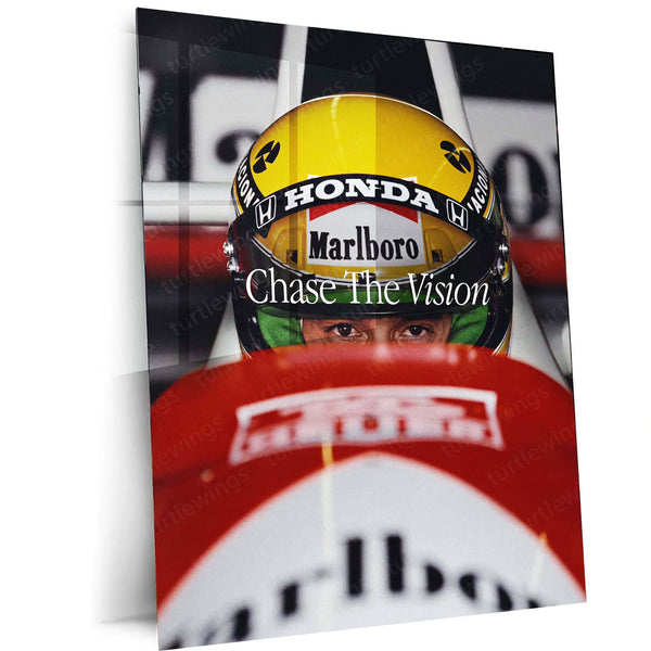 Ayrton Senna “Chase The Vision” Poster – Focused Eyes Behind Honda Helmet Metal Frame - TURTLEWINGS 