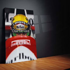 Ayrton Senna “Chase The Vision” Poster – Focused Eyes Behind Honda Helmet Metal Frame - TURTLEWINGS 
