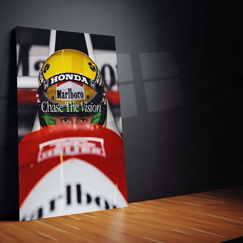 Ayrton Senna “Chase The Vision” Poster – Focused Eyes Behind Honda Helmet Metal Frame - TURTLEWINGS 