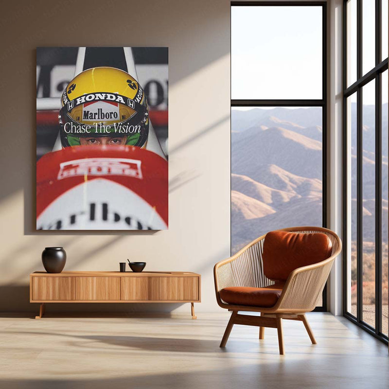 Ayrton Senna “Chase The Vision” Poster – Focused Eyes Behind Honda Helmet Metal Frame - TURTLEWINGS 
