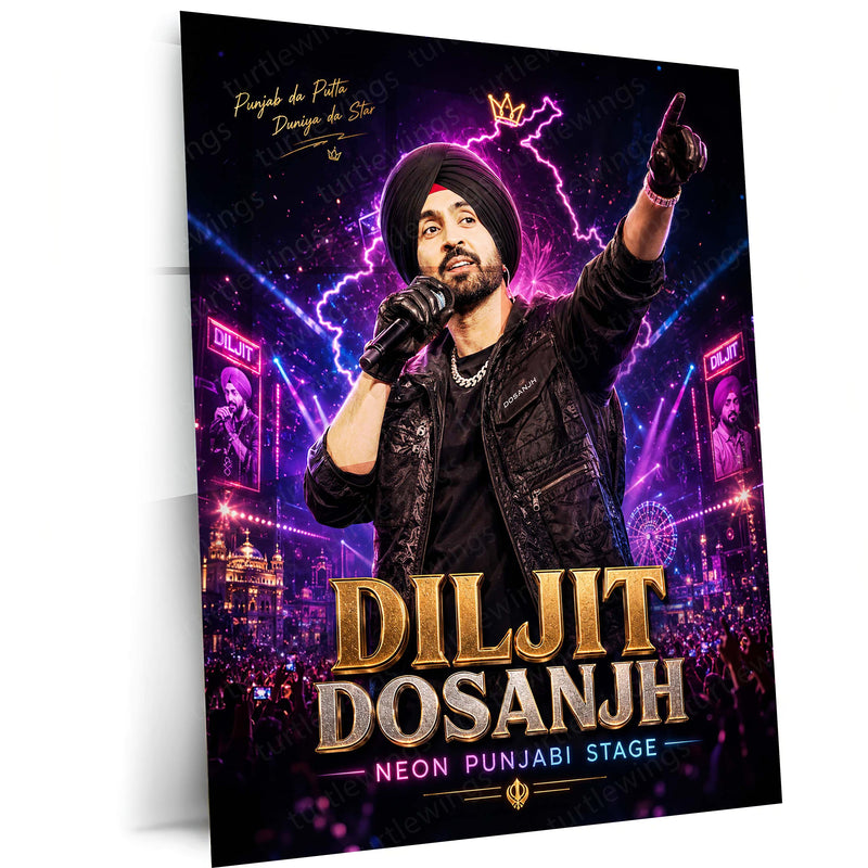 Diljit Dosanjh – Neon Punjabi Stage | Premium Metal Poster | Punjabi Music Icon Wall Art by TurtleWings