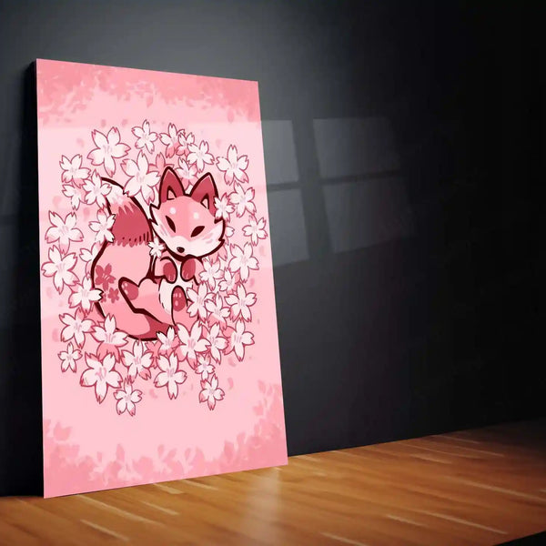 Cherry Blossom Fox | Serenity & Soft Nature Metal Frame Peaceful Aesthetic Wall Art - TURTLEWINGS 