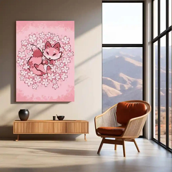Cherry Blossom Fox | Serenity & Soft Nature Metal Frame Peaceful Aesthetic Wall Art - TURTLEWINGS 