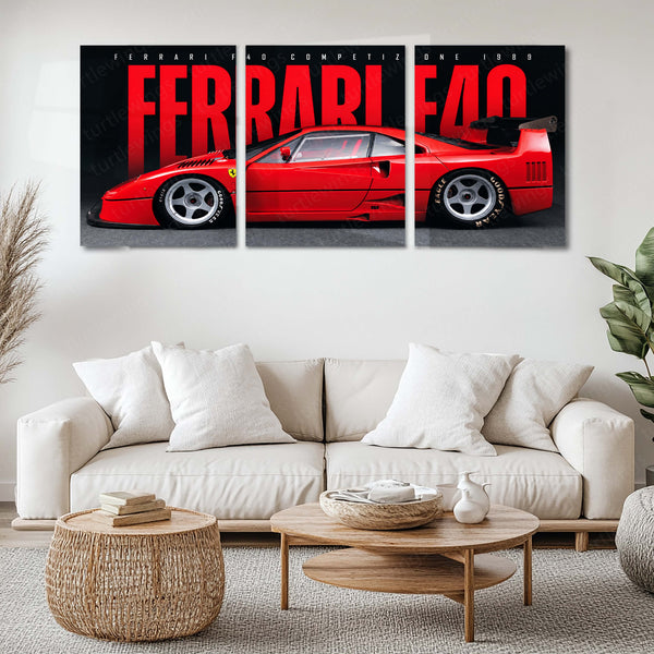 Car Metal Poster Set of 3 | Ferrari F40 Competizione | Red Classic Supercar Triptych Wall Art | Premium Automotive Metal Print